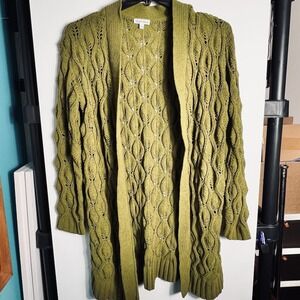 Derek Heart Chunky Knit Women's Large Open Front Longline‎ Cardigan Olive Green